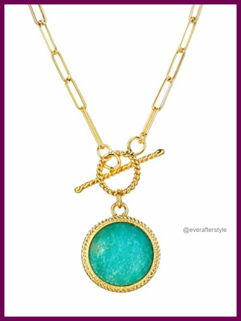 Genuine Amazonite Coin Pendant Necklace, 14k Gold Plated Paperclip Chain